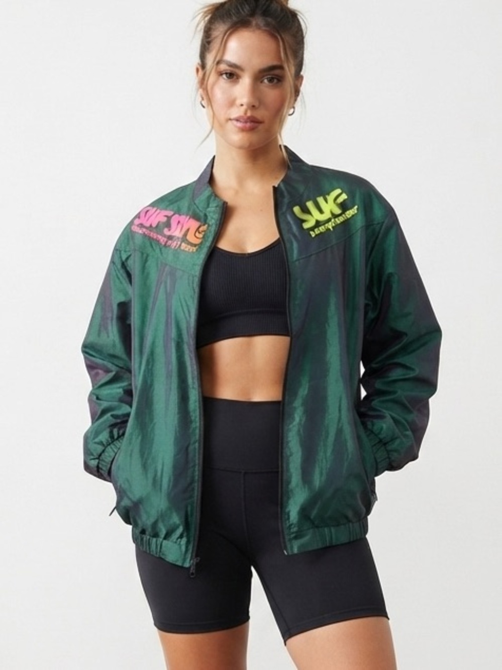 Vintage 90s Surf Style Windbreaker Half Zip Neon Green Iridescent Oversized Y2K